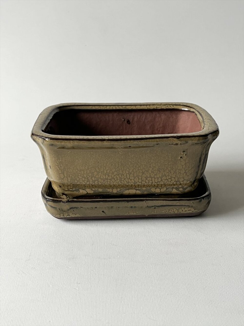 Vtg Ceramic Bonsai Planter w/ Matching Drip Tray Rectangular Crackle Glaze 5"